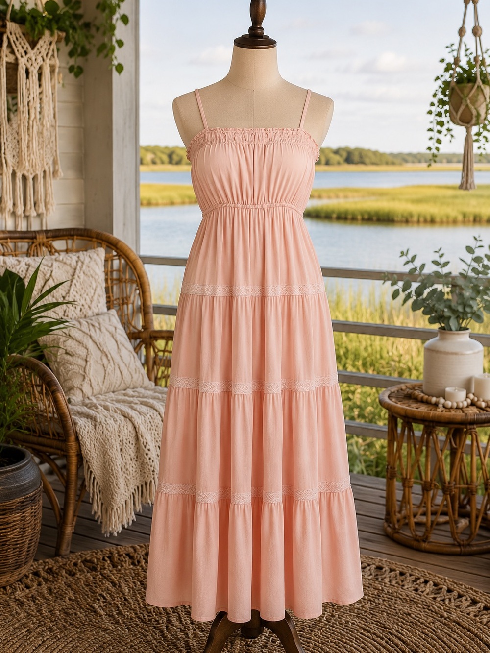 NWT Sweet Lovely by Jenn Blush Pink Smocked Tiered Boho Maxi Dress